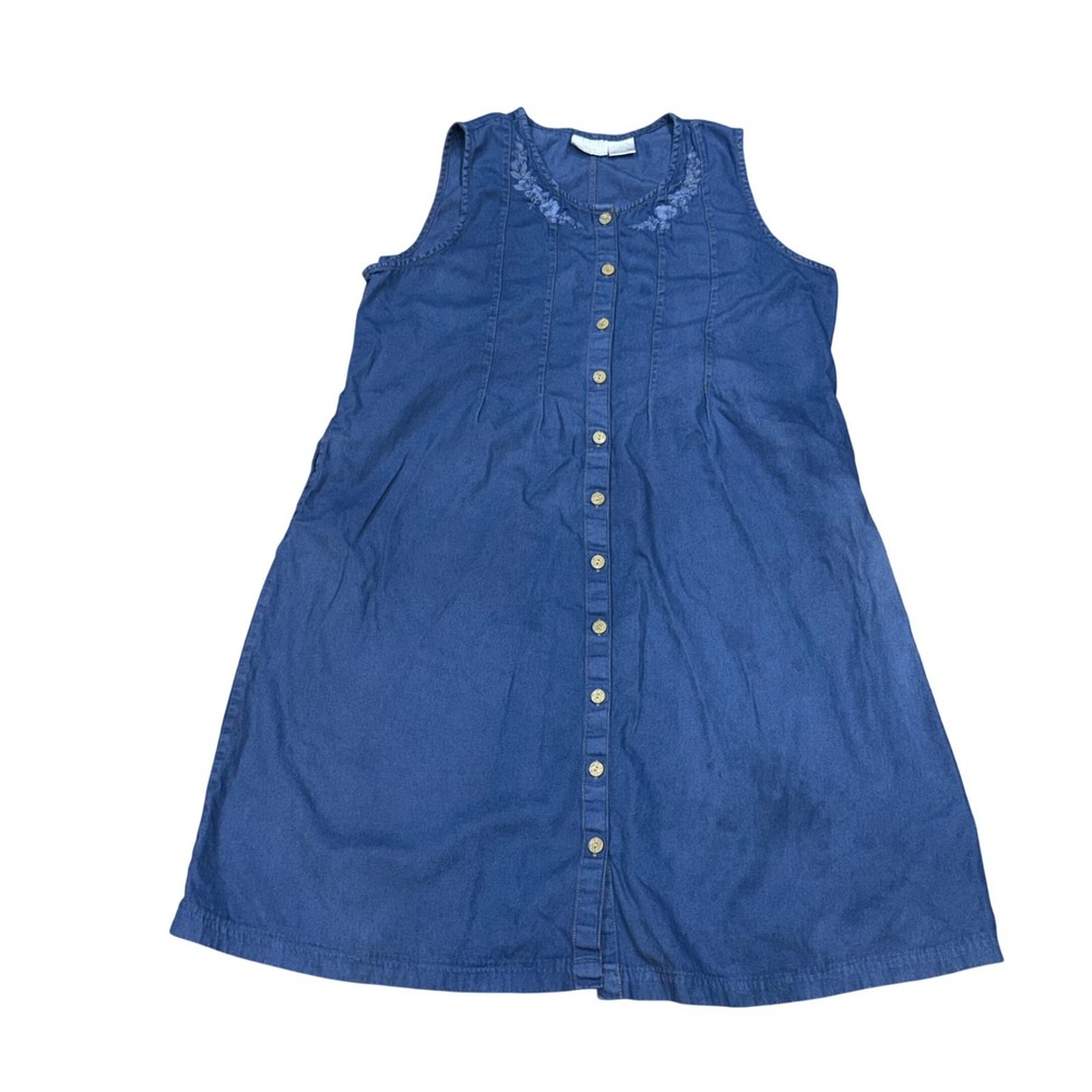 Blair Size XL Blue Button Front Embroidered Midi Cotton Jumper Dress Cottage
